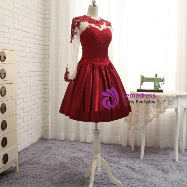 Burgundy Satin Short Lace Elegant Short Cocktail Dresses