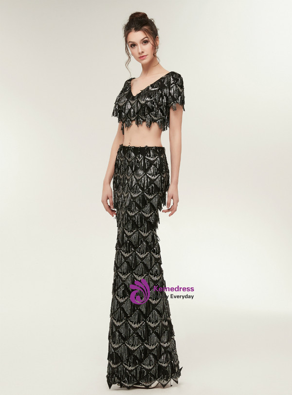 Fashion Mermaid Black Two Piece V-neck Sequins Prom Dress