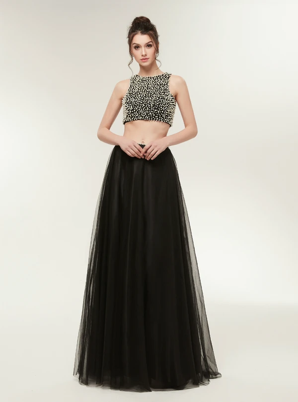 Black Two Piece Tulle Backless Floor Length Prom Dress