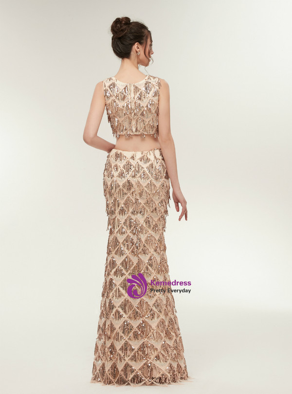 Gold Mermaid Scoop Neck Two Piece Backless Sleeveless Prom Dress