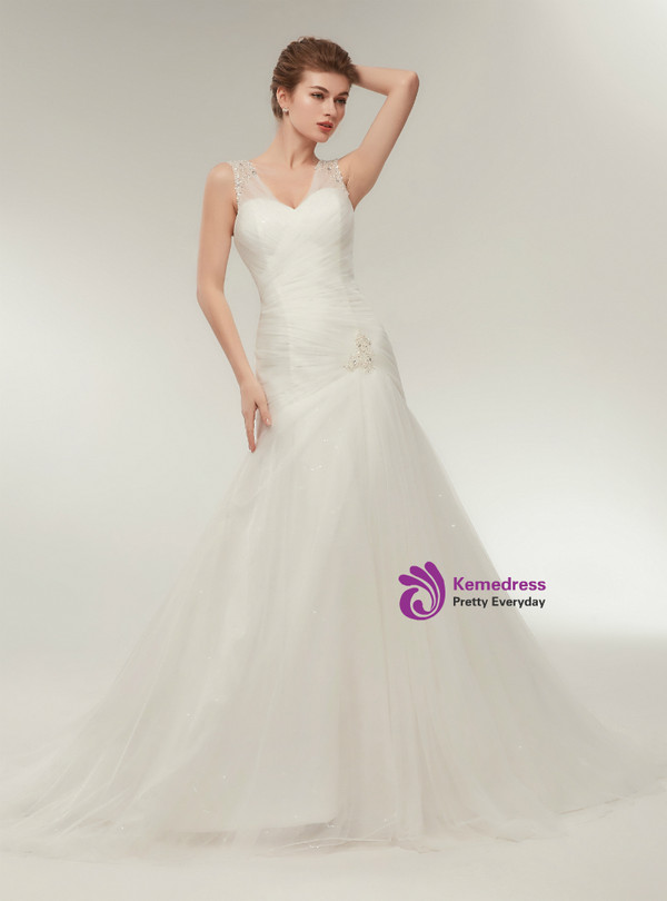 White Straps Mermaid V-neck Tulle Beading Wedding Dress