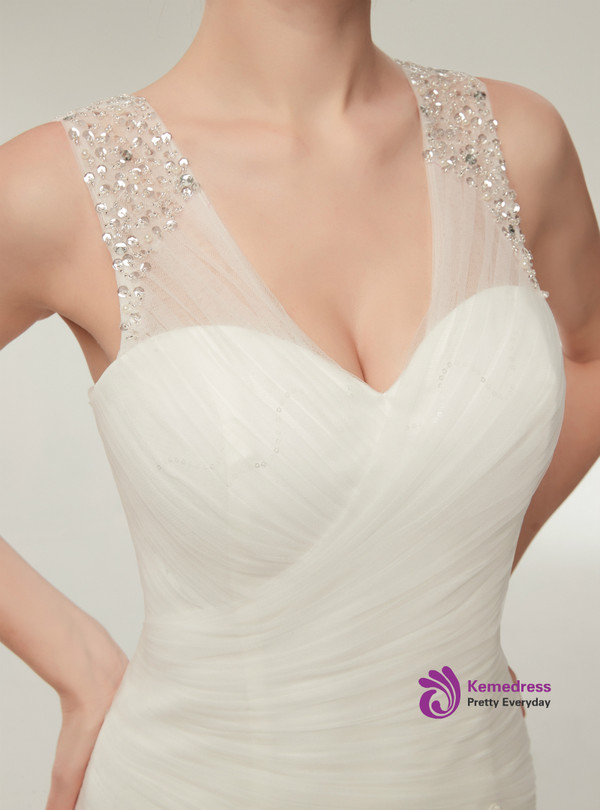 White Straps Mermaid V-neck Tulle Beading Wedding Dress