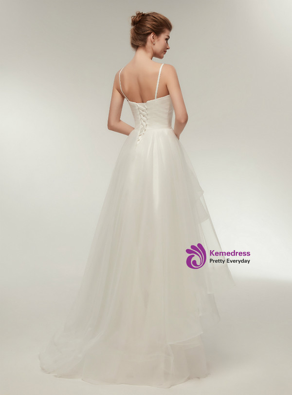 Simple White Hi Lo Spaghetti Straps Tulle Wedding Dress