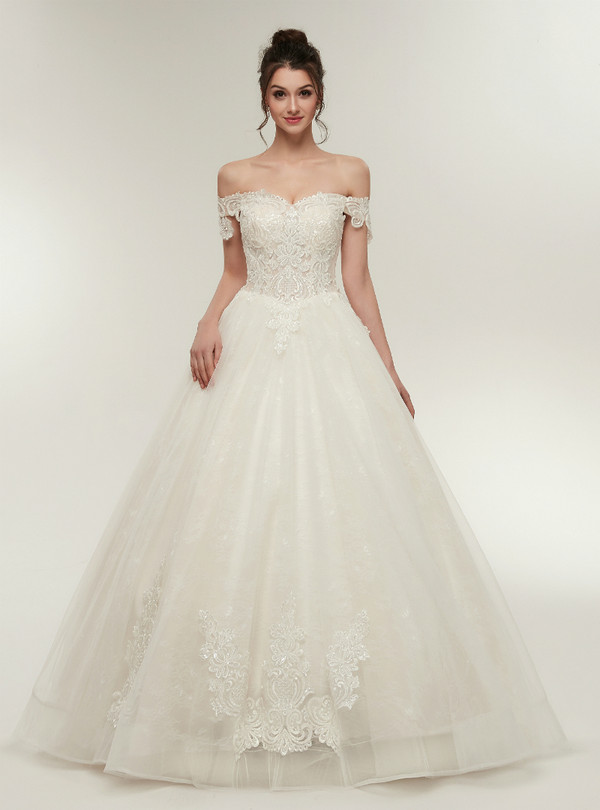 White Tulle Off The Shoulder Appliques Wedding Dress