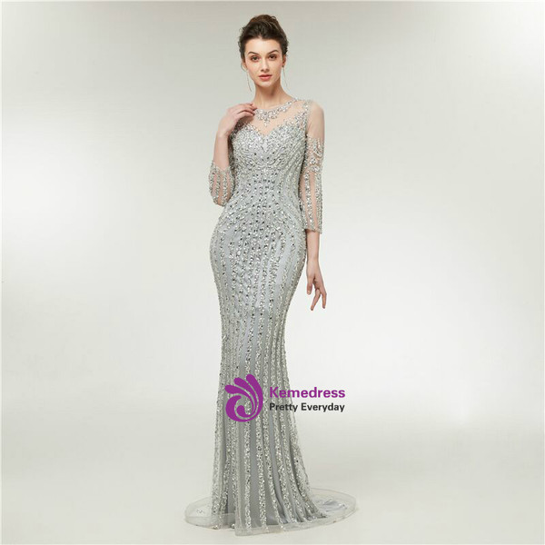 Mermaid Silver Tulle Sequins Long Sleeve Bling Bling Prom Dress