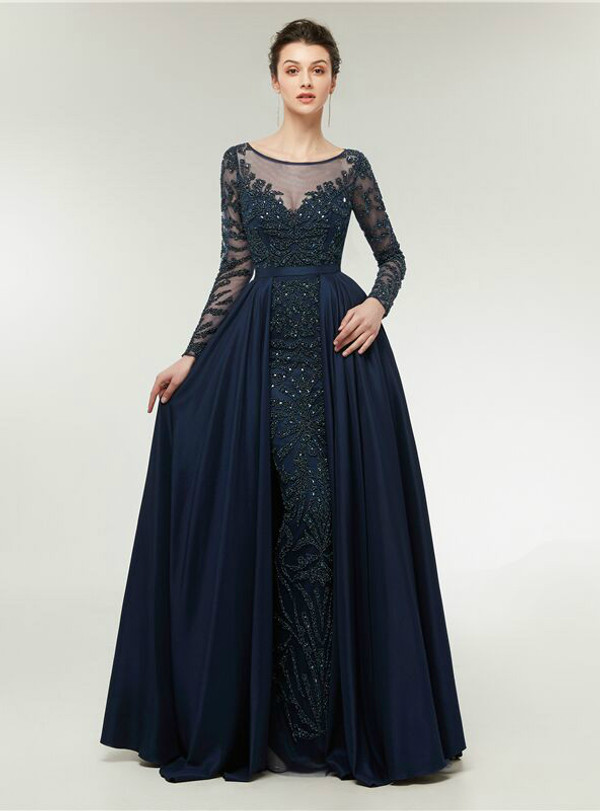 Luxurious Blue Long Sleeve Beading Illusion Prom Dress