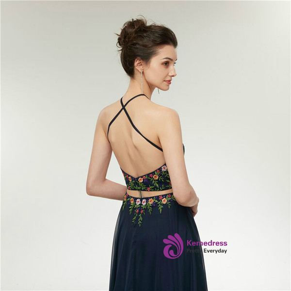 Blue Chiffon Two Piece Halter Backless Print Prom Dress