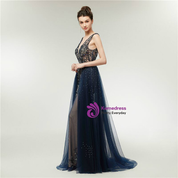 Stunning Blue Deep V-neck Backless Tulle Beading Prom Dress