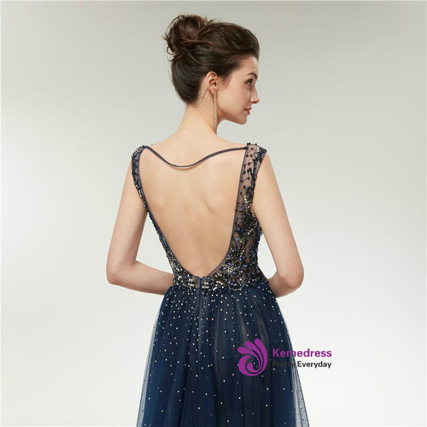 Stunning Blue Deep V-neck Backless Tulle Beading Prom Dress