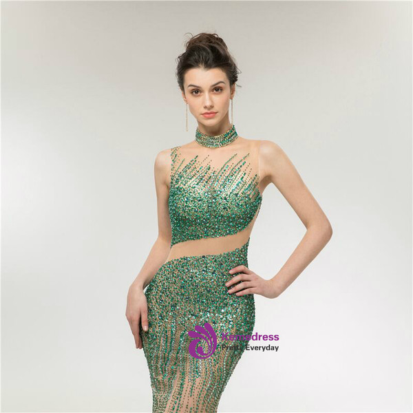 Luxurious Mermaid Champagne Tulle Green Beading Prom Dress