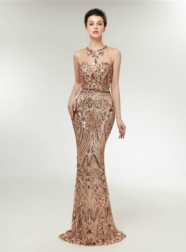 Attractive Gold Mermaid Sequins Floor Length Prom Dress