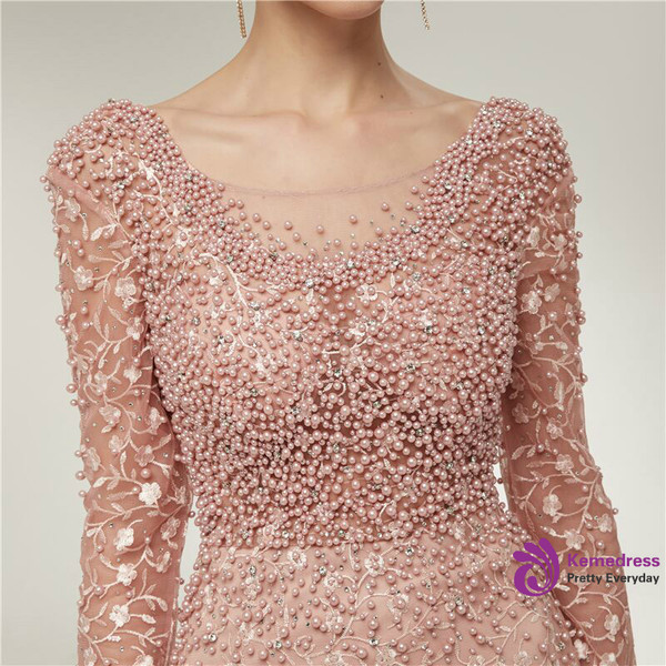 Pink Mermaid Long Sleeve Lace Pearls Backless Prom Dress