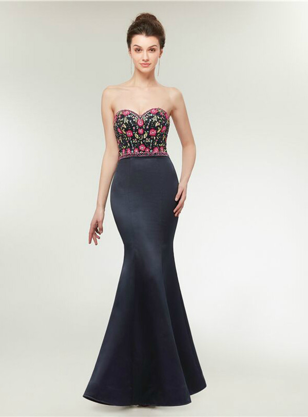 Mermaid Spaghetti Straps Satin Embroidery Prom Dress