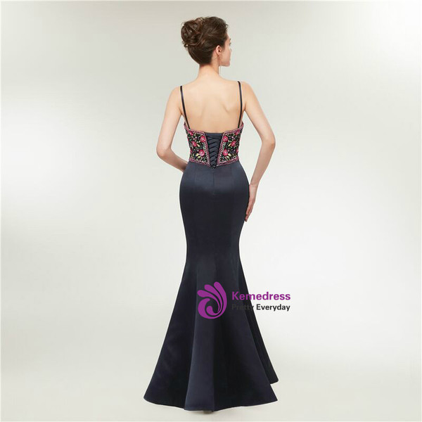 Mermaid Spaghetti Straps Satin Embroidery Prom Dress