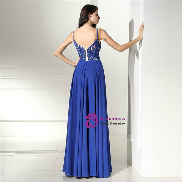 Blue Spaghetti Straps Chiffon V-neck Backless Appliques Prom Dress