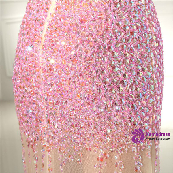 Pink Sexy Mermaid V-neck Backless Crystal Prom Dress