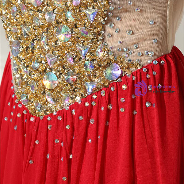Red Illusion Chiffon High Neck Beading Crystal Prom Dress
