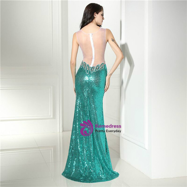 Green Mermaid Sequins Crystal Floor Length Prom Dress