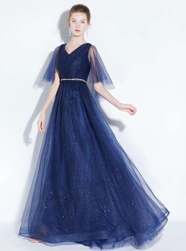 In Stock:Ship in 48 hours Blue Tulle Sequins V-neck Prom Dress