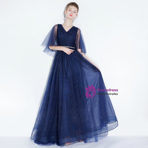In Stock:Ship in 48 hours Blue Tulle Sequins V-neck Prom Dress