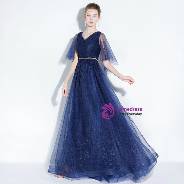 In Stock:Ship in 48 hours Blue Tulle Sequins V-neck Prom Dress