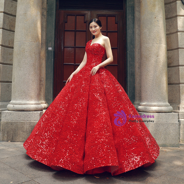 Red Ball Gown One Shoulder Sequins Floor Length Wedding Dress