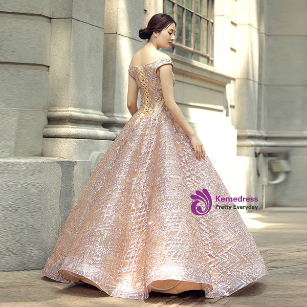 Pink Ball Gown Off The Shoulder Sequins Wedding Dress