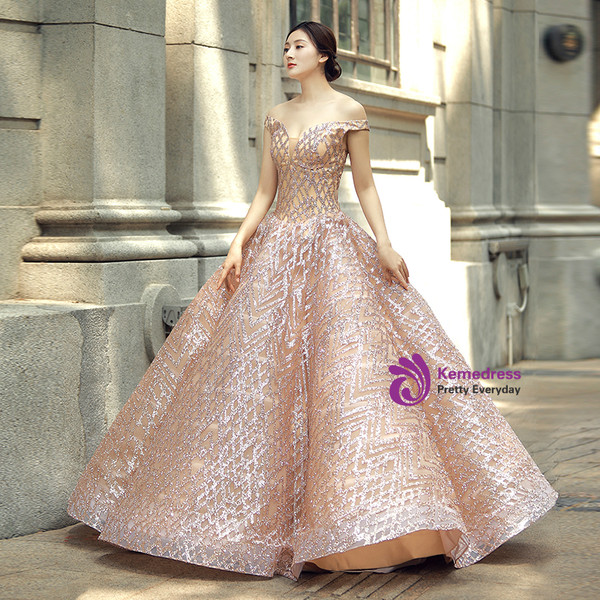 Pink Ball Gown Off The Shoulder Sequins Wedding Dress