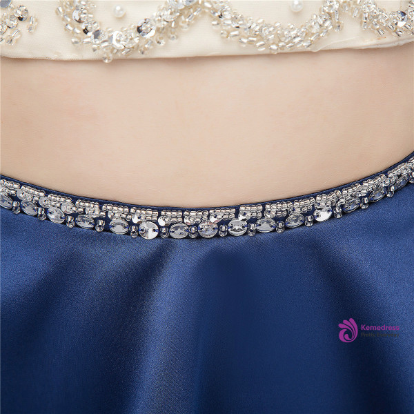 Navy Blue Two Piece Knee Length Satin Homecoming Dress