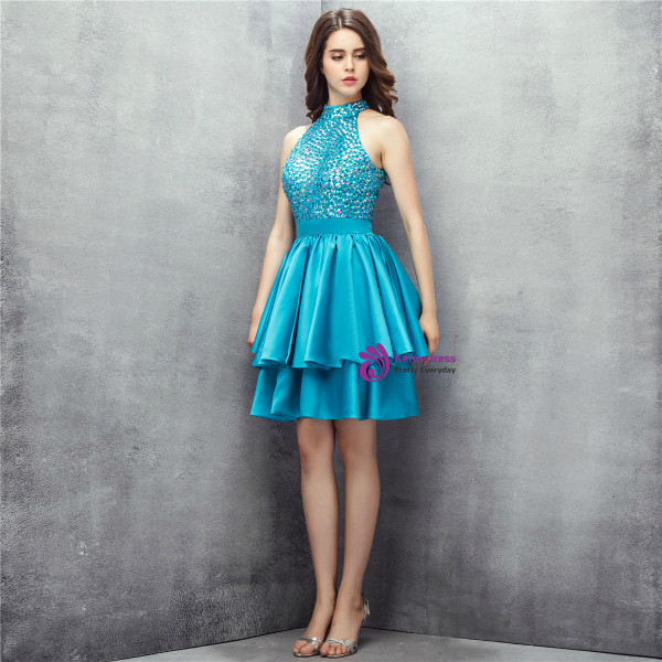 Blue Satin Halter Backless With Crystal Homecoming Dress