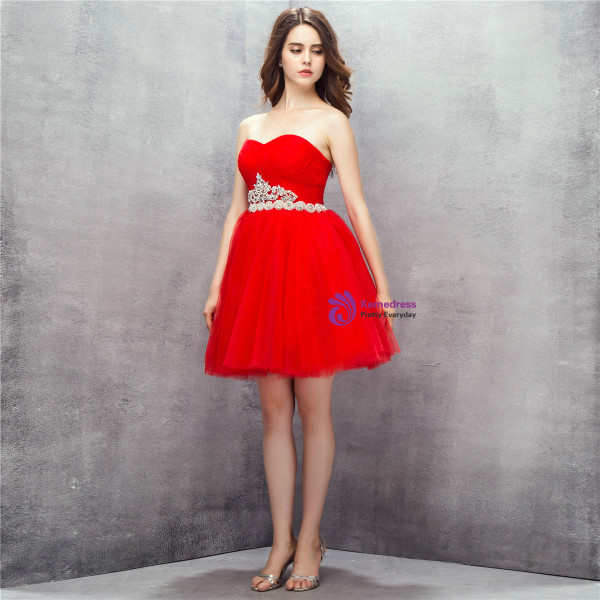 Red Sweetheart Tulle Short Homecoming Dress With Crystal