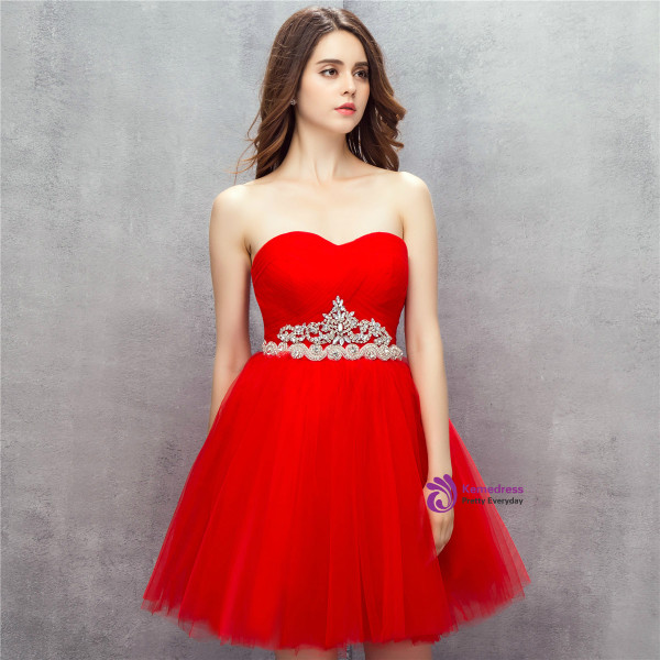 Red Sweetheart Tulle Short Homecoming Dress With Crystal