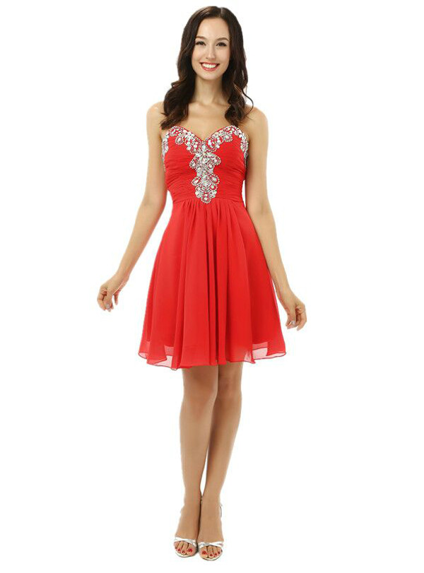 Red Chiffon Sweetheart Neck Crystal Homecoming Dress