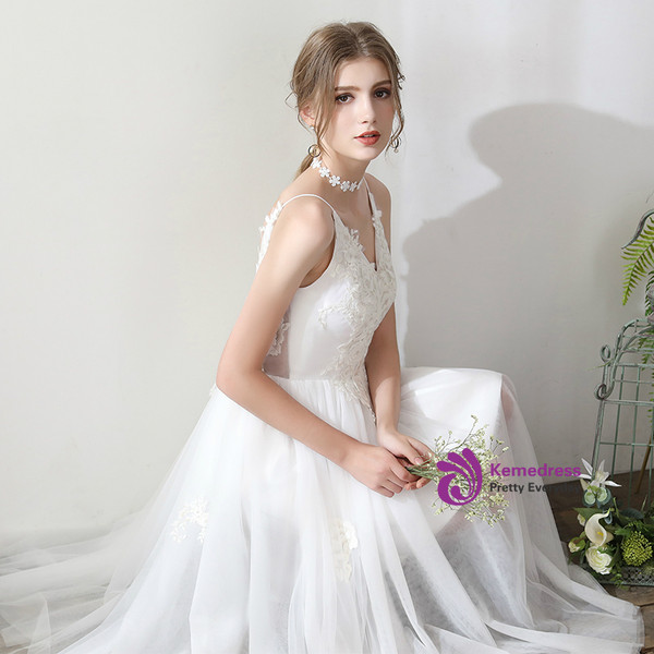 In Stock:Ship in 48 hours Spaghetti Straps Tulle Backless Wedding Dress