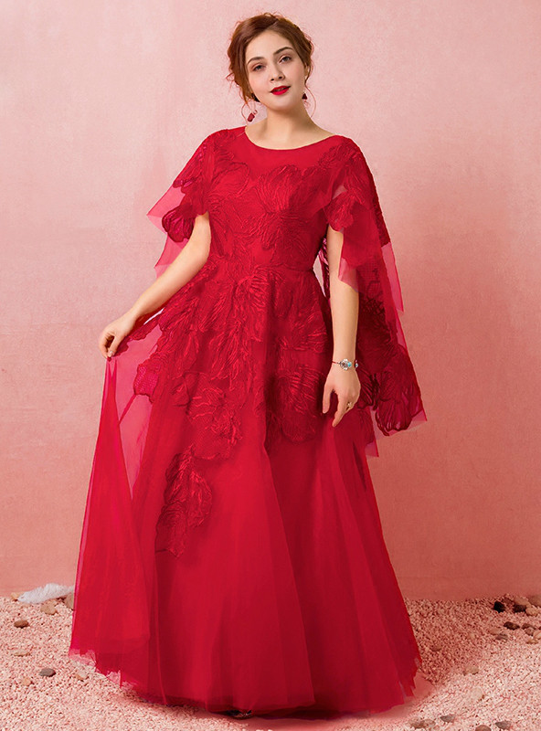 Plus Size Red Tulle Floor Length Scoop Neck Prom Dress
