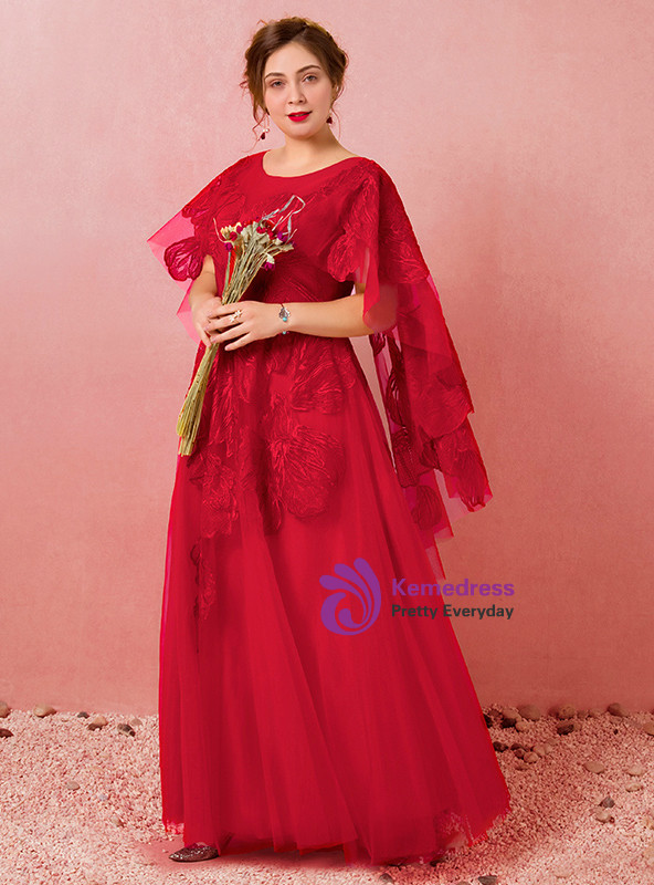 Plus Size Red Tulle Floor Length Scoop Neck Prom Dress