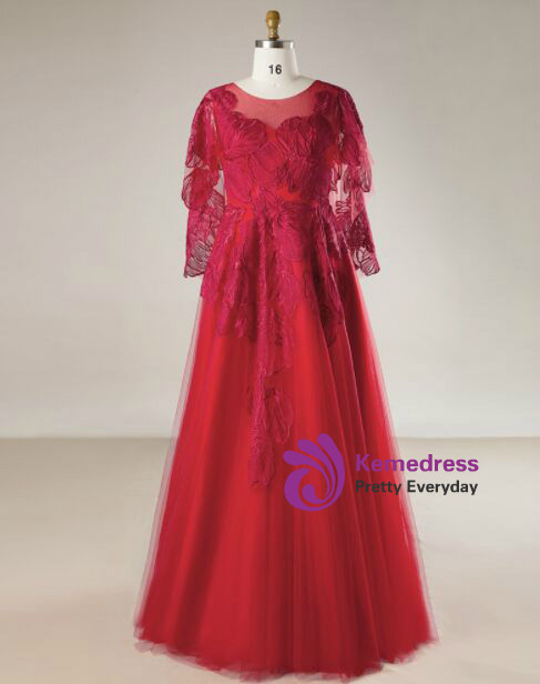 Plus Size Red Tulle Floor Length Scoop Neck Prom Dress