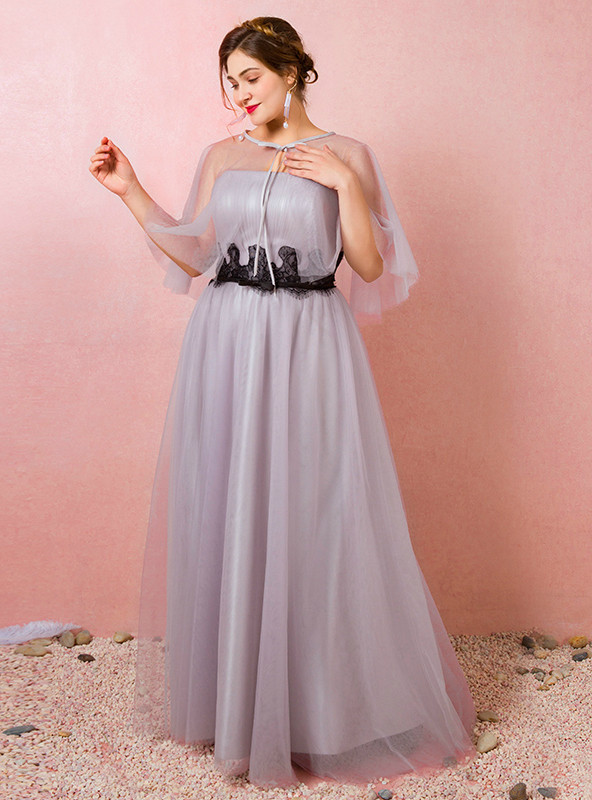 Plus Size Gray Tulle Strapless Floor Length Prom Dress