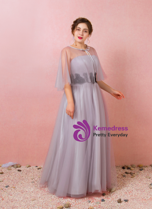 Plus Size Gray Tulle Strapless Floor Length Prom Dress