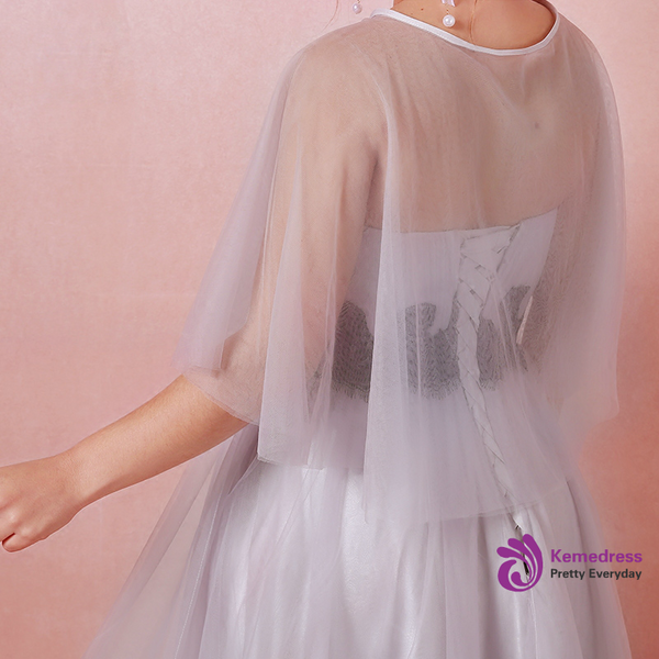 Plus Size Gray Tulle Strapless Floor Length Prom Dress