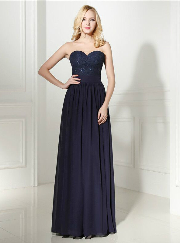 Navy Blue Chiffon Sweetheart Lace Beading Prom Dress
