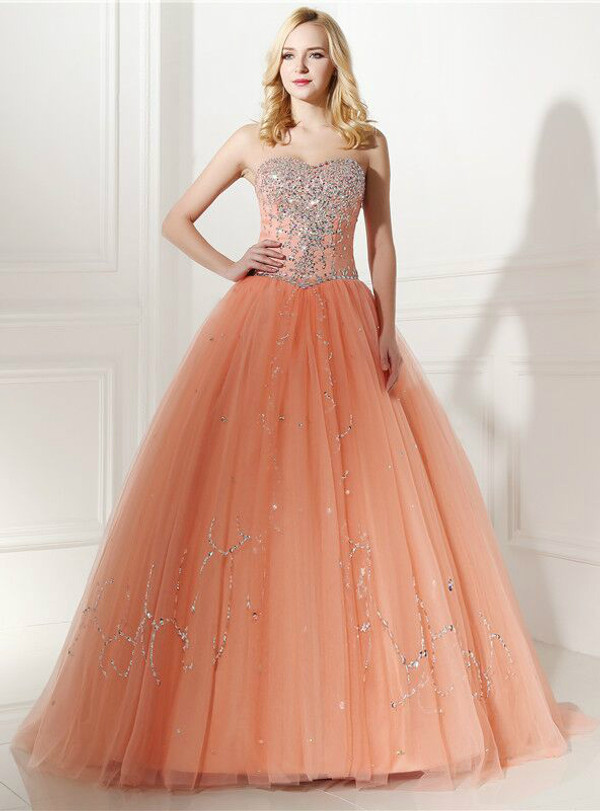 Orange Ball Gown Tulle With Beading Crystal Sweetheart Prom Dress