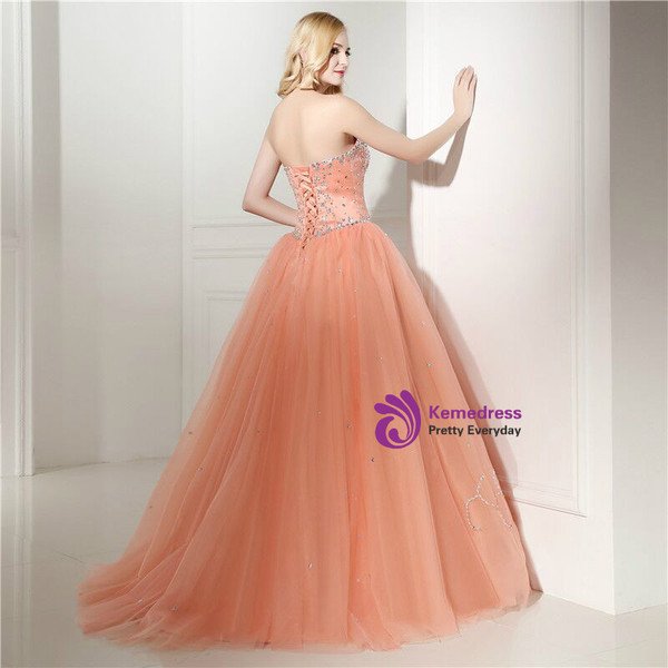 Orange Ball Gown Tulle With Beading Crystal Sweetheart Prom Dress