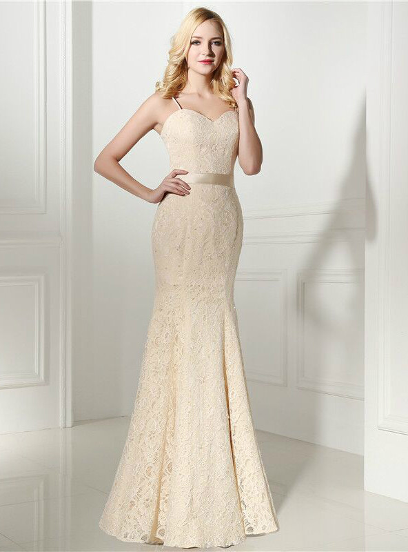 Yellow Mermaid Lace Spaghetti Straps With Bow Prom Dress