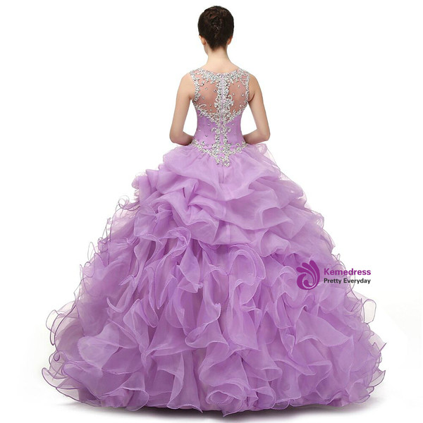 Purple Ball Gown Straps Organza V-neck With Beading Sequins Prom Dress