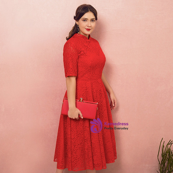 Plus Size Red Lace Short Sleeve Tea Length Prom Dress