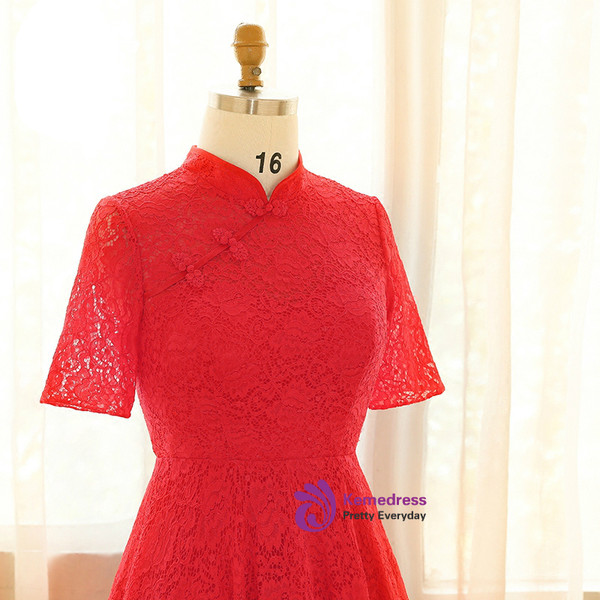 Plus Size Red Lace Short Sleeve Tea Length Prom Dress