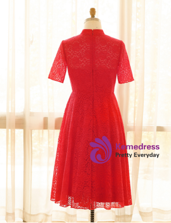 Plus Size Red Lace Short Sleeve Tea Length Prom Dress