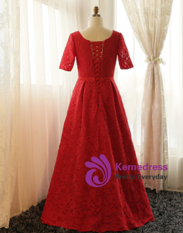 Plus Size Red Lace V-neck Short Sleeve Prom Dress