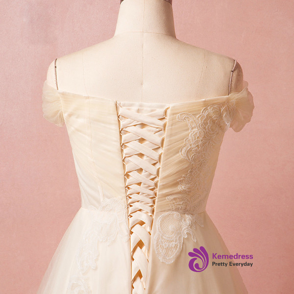 Plus Size Yellow Off The Shoulder Tulle Lace Prom Dress